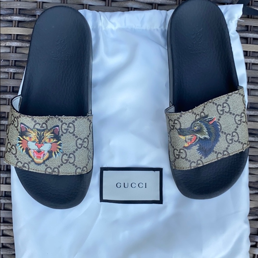 Kids Gucci Wildcat and Wolf Slide Monogram Sandals